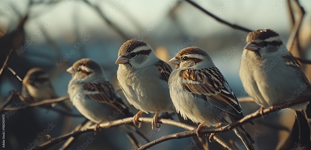 Fototapeta premium Five funny sparrows hunched on a branch in the winter garden