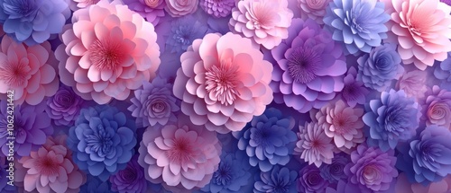 Close-up of a vibrant floral wall, featuring delicate paper flowers in shades of pink and purple.