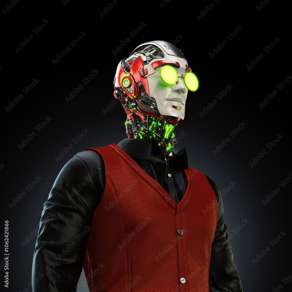 Futuristic humanoid robot with glowing green eyes, mechanical components, and stylish red vest against black background, symbolizing artificial intelligence and cybernetics in technology and design Futuristic humanoid robot with glowing green eyes, mechanical components, and stylish red vest against black background, symbolizing artificial intelligence and cybernetics in technology and design