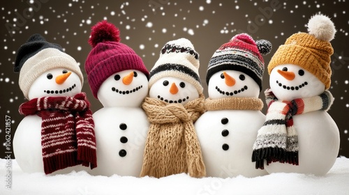 Wallpaper Mural A delightful group of snowmen adorned with bright hats and scarves enjoys the festive atmosphere of Christmas Eve amidst gently falling snow. Torontodigital.ca