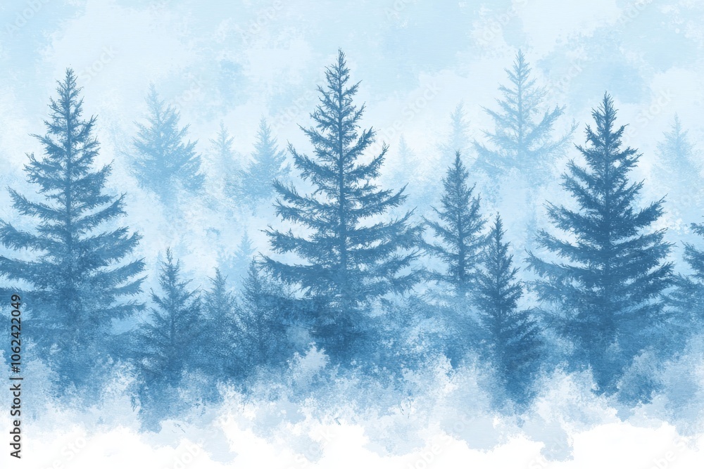 Fototapeta premium During a snowfall, a magic fog covers a snowy forest during a foggy winter day.