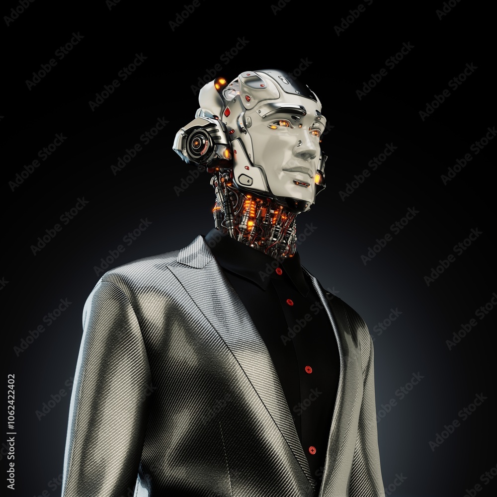 Futuristic humanoid robot in a sleek suit displaying advanced technology and artificial intelligence, set against a dark background with glowing lights emphasizing its cybernetic features Futuristic humanoid robot in a sleek suit displaying advanced technology and artificial intelligence, set against a dark background with glowing lights emphasizing its cybernetic features