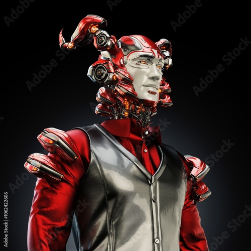 Futuristic humanoid robot with intricate red and silver mechanical features standing against a dark background, showcasing advanced technology and futuristic design concepts in digital artwork