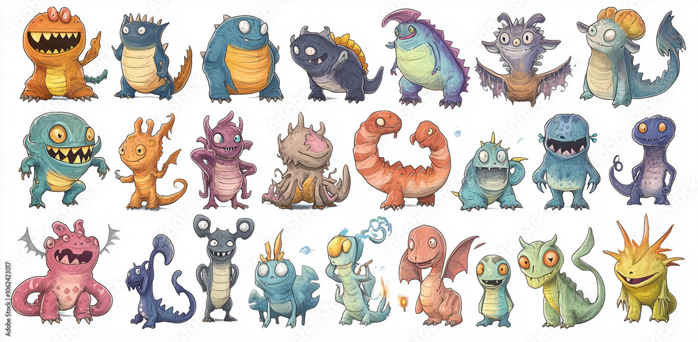 Obraz premium Set of cute cartoon happy monsters, colorful watercolor isolated on white