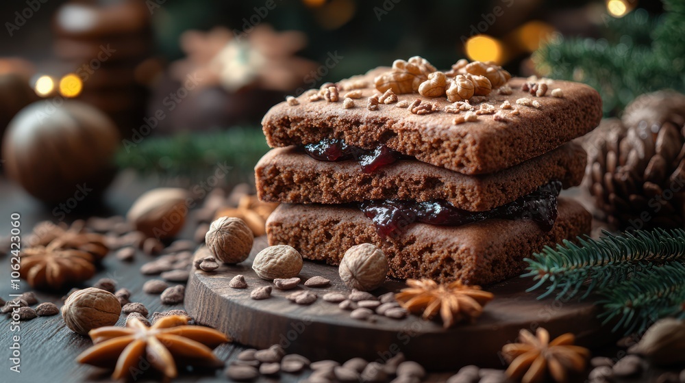 Stack of gingerbread cookies with jam filling and walnuts on a wooden board with festive Christmas decorations. Stack of gingerbread cookies with jam filling and walnuts on a wooden board with festive Christmas decorations.