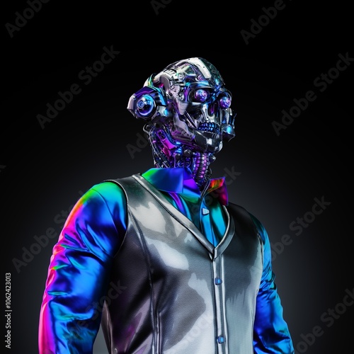 Futuristic humanoid robot with colorful metallic surface and intricate mechanical details wearing modern clothing on a dark gradient background embodying artificial intelligence and technology