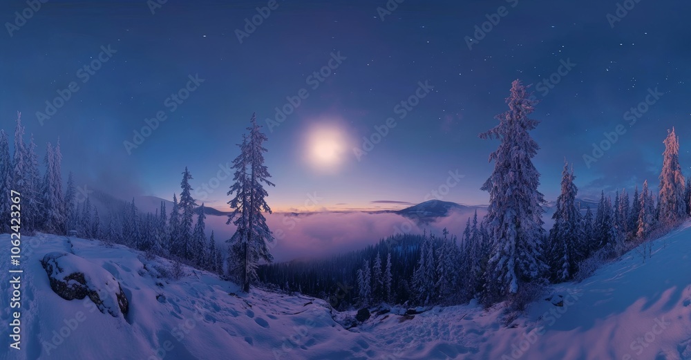 An amazing winter panorama of fir trees covered in snow in the woods. A colorful landscape of outdoor celebration on the eve of the New Year. Beautiful background of nature. An amazing winter panorama of fir trees covered in snow in the woods. A colorful landscape of outdoor celebration on the eve of the New Year. Beautiful background of nature.