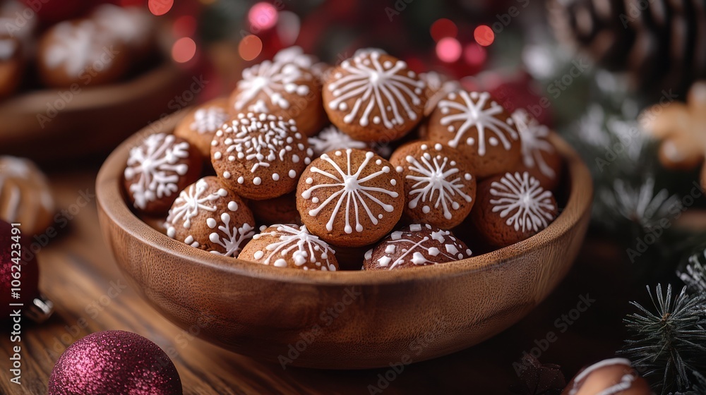 A bowl of gingerbread cookies decorated with white icing in the shape of snowflakes, surrounded by Christmas ornaments and fir branches. A bowl of gingerbread cookies decorated with white icing in the shape of snowflakes, surrounded by Christmas ornaments and fir branches.