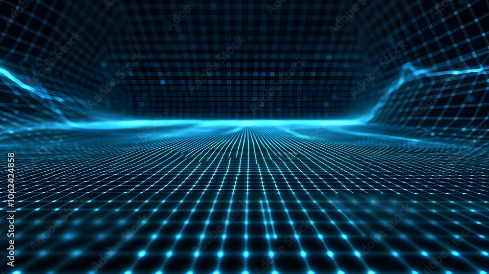 A glowing blue digital grid with a horizon line, creating a futuristic and high-tech atmosphere. A glowing blue digital grid with a horizon line, creating a futuristic and high-tech atmosphere.