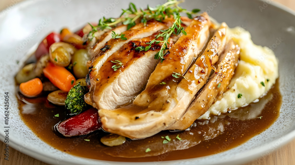 Golden-brown gravy poured over sliced turkey with vegetables and mashed potatoes Golden-brown gravy poured over sliced turkey with vegetables and mashed potatoes