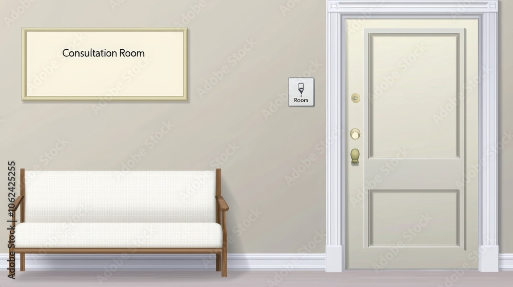 A waiting area outside a consultation room with a white bench and a sign indicating the room's purpose. A waiting area outside a consultation room with a white bench and a sign indicating the room's purpose.