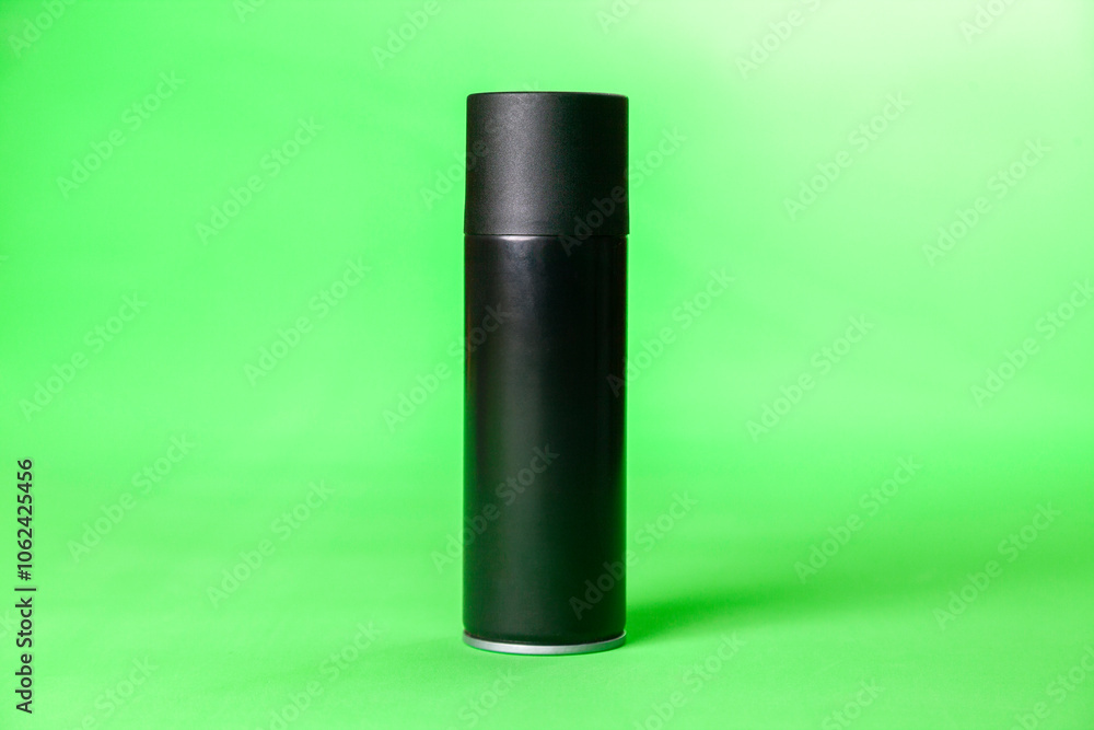 Black spray can on green background. mockup. Can concept. Mockup concept. copy space. Black spray can on green background. mockup. Can concept. Mockup concept. copy space.