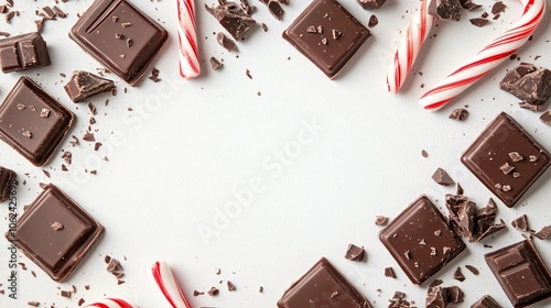 Candy cane and chocolate piece frame, isolated on a soft white background with small festive accents photo