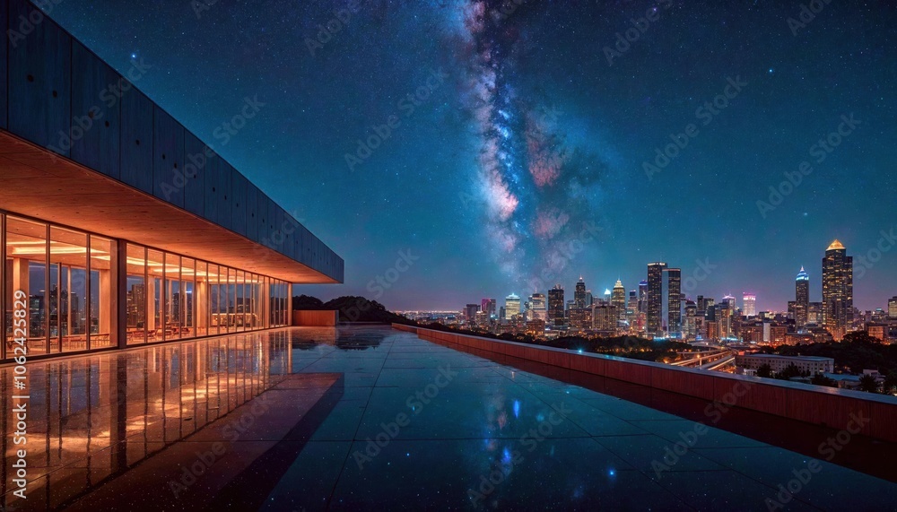 Fototapeta premium Neon Cityscape with Milky Way Reflection
