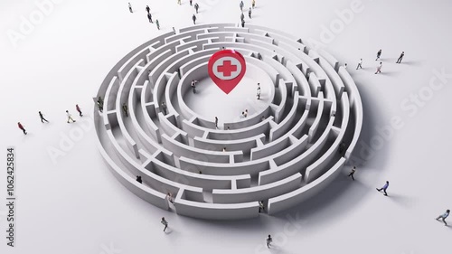 First aid navigation symbol and maze concept with people entering to it. Round labyrinth perspective view and people entering inside with hospital icon. Maze idea of healthcare.