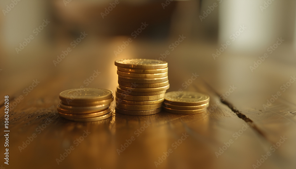 Stacked coins on wooden table against blurred background. Investment concept Stacked coins on wooden table against blurred background. Investment concept