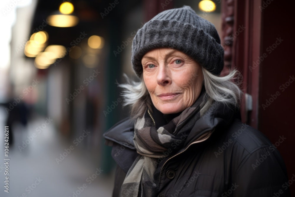 Portrait of senior woman in hat and scarf in the city. Portrait of senior woman in hat and scarf in the city.