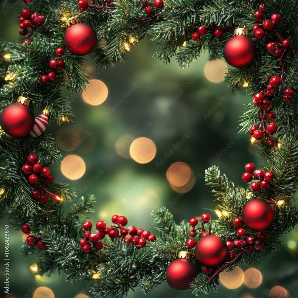 Fototapeta premium Christmas garland with red and gold baubles, berries, and pinecones on a white background.