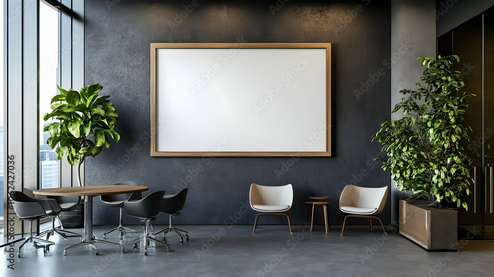 A modern wooden frame with a blank canvas on a dark blue wall, paired with minimalist dining chairs and soft lighting A modern wooden frame with a blank canvas on a dark blue wall, paired with minimalist dining chairs and soft lighting