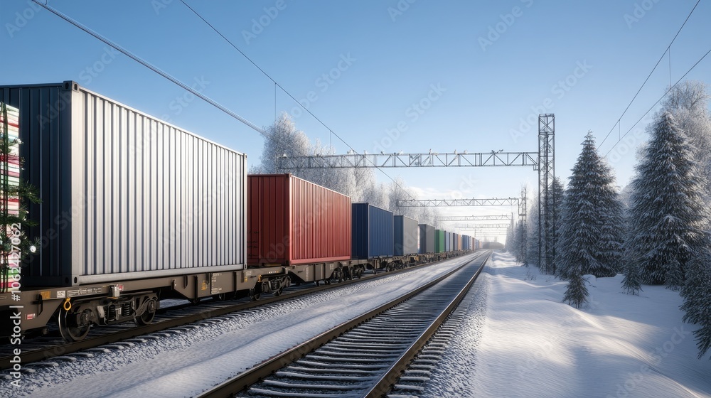 Obraz premium A freight train transports Christmas containers along tracks surrounded by pine trees in a winter landscape with foggy conditions.