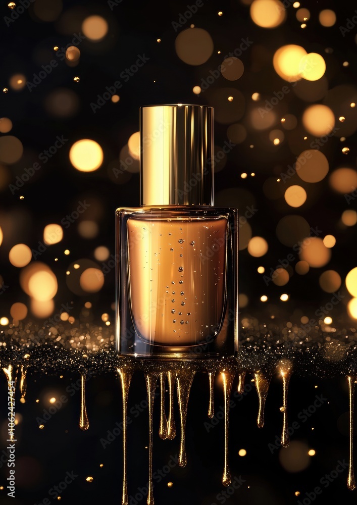 A bottle of gold nail polish is shown with a gold background A bottle of gold nail polish is shown with a gold background