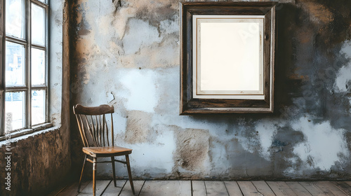 A smaller wooden frame containing a light beige canvas, mounted on a distressed blue-and-white textured wall, with a vintage chair beside it. photo