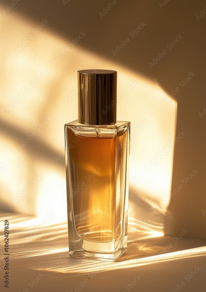 A bottle of perfume is sitting on a table, with the sun shining on it A bottle of perfume is sitting on a table, with the sun shining on it