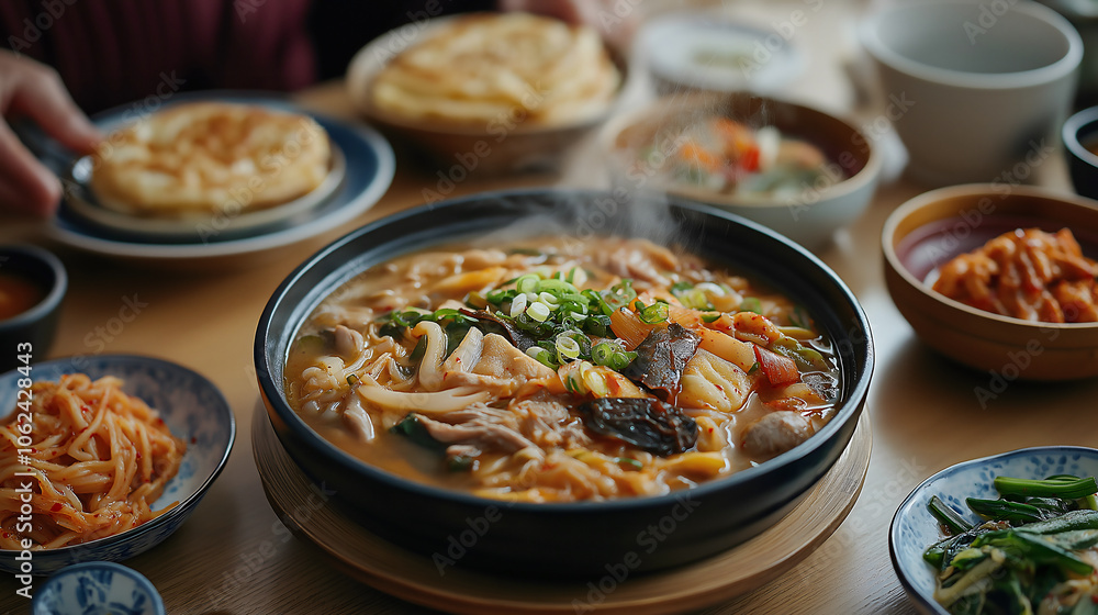 A hearty noodle soup filled with fresh vegetables and tender meat is served in a rustic bowl, surrounded by flavorful side dishes in a warm, inviting atmosphere A hearty noodle soup filled with fresh vegetables and tender meat is served in a rustic bowl, surrounded by flavorful side dishes in a warm, inviting atmosphere
