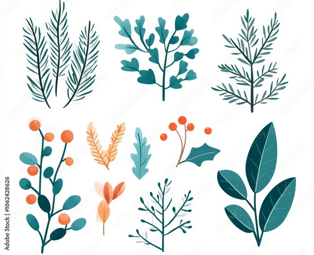 Fototapeta premium This set of festive winter botany elements is a flat, modern illustration. It contains a variety of branches, flowers, berries, and wreaths. It is designed as part of a Christmas decoration