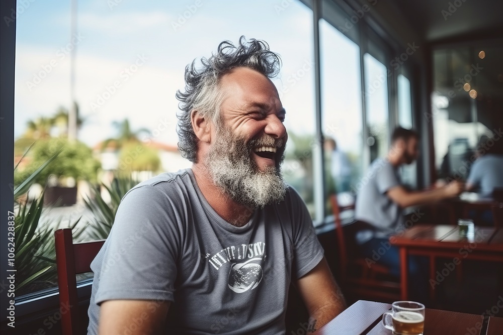 Handsome bearded man sitting in a coffee shop and laughing. Handsome bearded man sitting in a coffee shop and laughing.