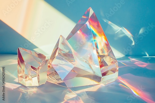 Light blue background featuring a prism creating colorful reflections.