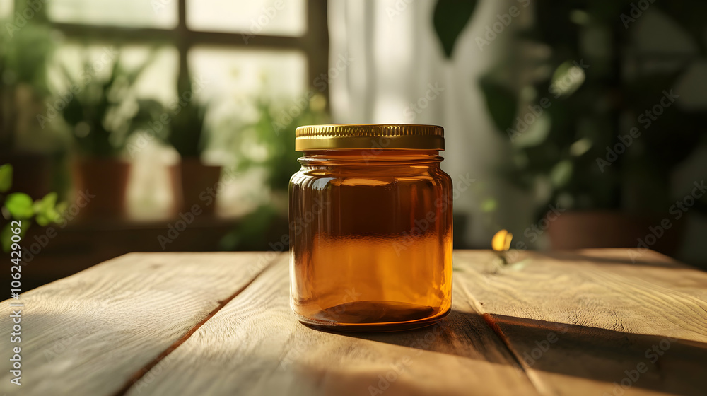 A honey jar with a golden lid placed on a wooden table surrounded by natural light and greenery. A honey jar with a golden lid placed on a wooden table surrounded by natural light and greenery.