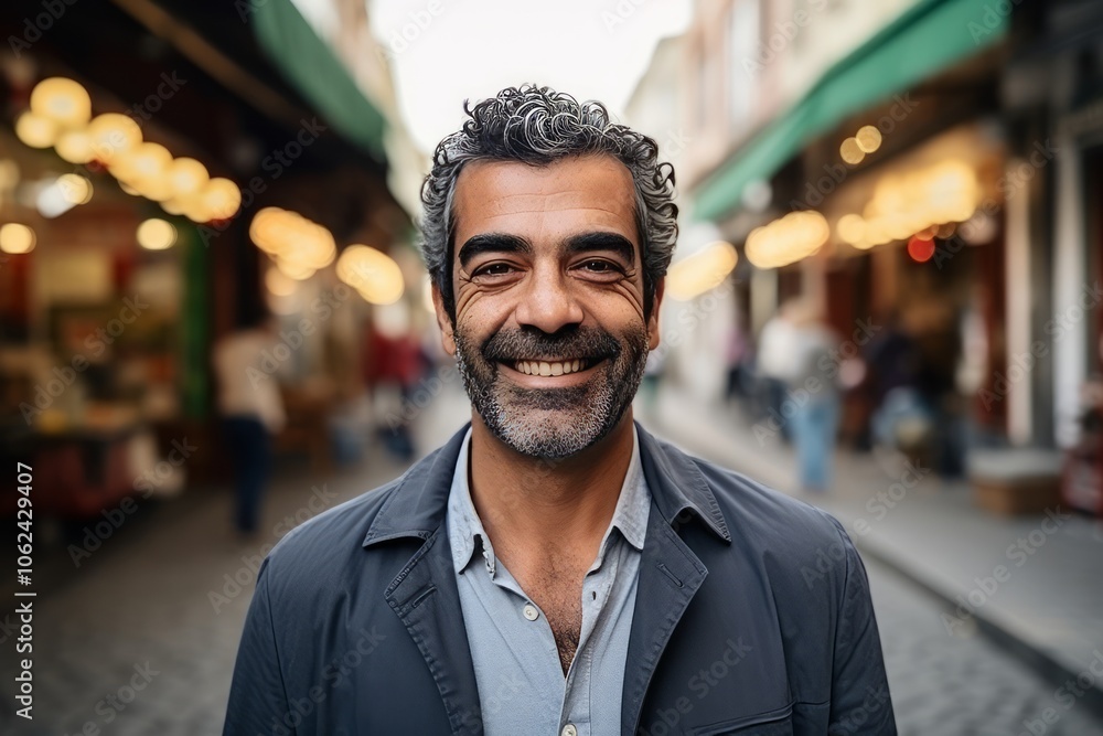 Portrait of a handsome middle aged man smiling at the camera while standing in the street. Portrait of a handsome middle aged man smiling at the camera while standing in the street.