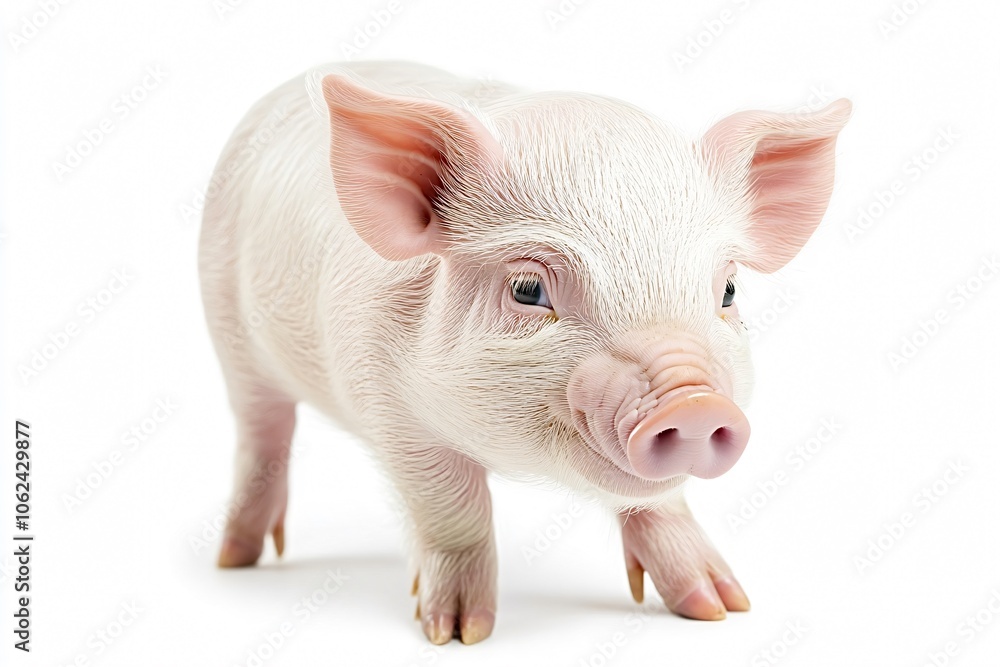 Adorable piglet stands on a white background, radiating cheerfulness and happiness with its pink snout and curious eyes, embodying companionship and wellbeing Adorable piglet stands on a white background, radiating cheerfulness and happiness with its pink snout and curious eyes, embodying companionship and wellbeing
