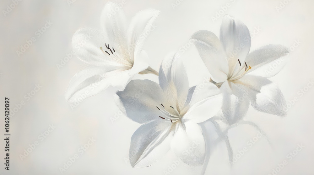 A serene composition of three elegant white lilies against a soft background. A serene composition of three elegant white lilies against a soft background.