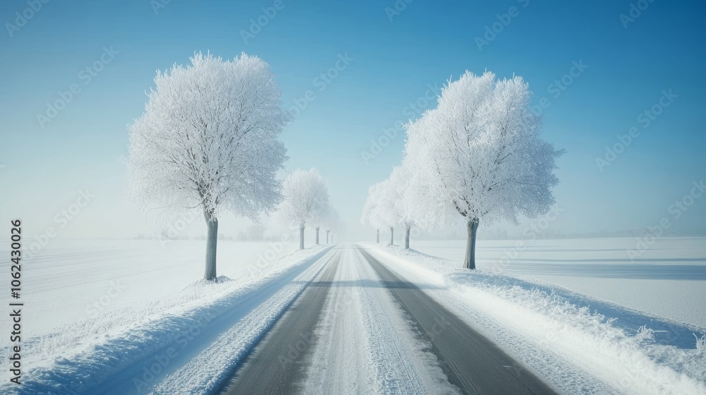 Fototapeta premium In a winter wonderland, snow-covered trees and a light dusting of snow coat the ground