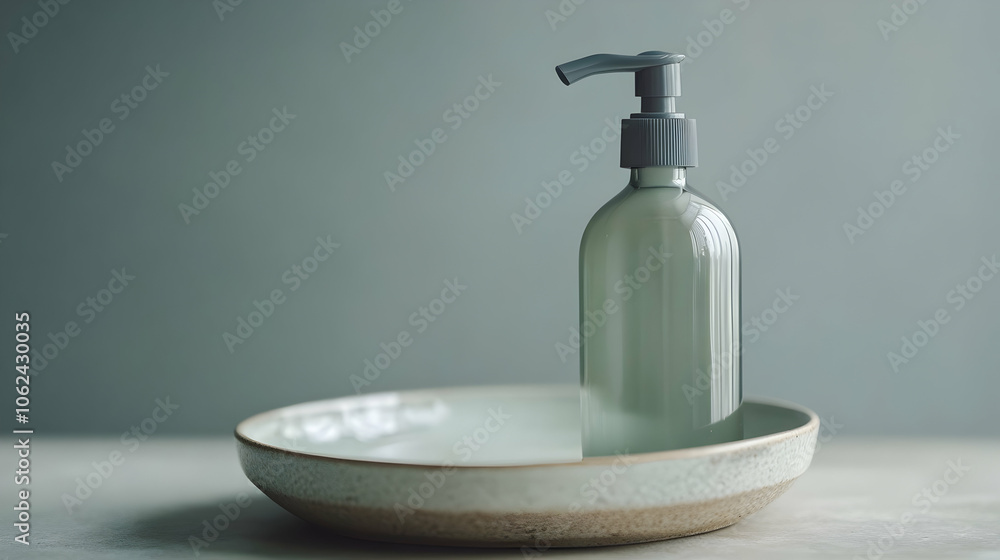 A green glass pump dispenser bottle placed on a round ceramic dish with soft natural lighting and a gray background, showcasing a clean and natural aesthetic. A green glass pump dispenser bottle placed on a round ceramic dish with soft natural lighting and a gray background, showcasing a clean and natural aesthetic.