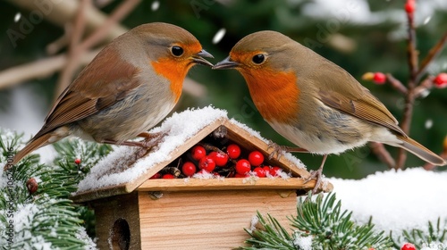 Two lovely birds share a joyful moment at a birdhouse, with gentle snowfall creating a serene winter garden atmosphere