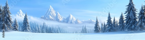 An idyllic winter landscape with snow-covered trees and majestic mountains under a cloudy sky.