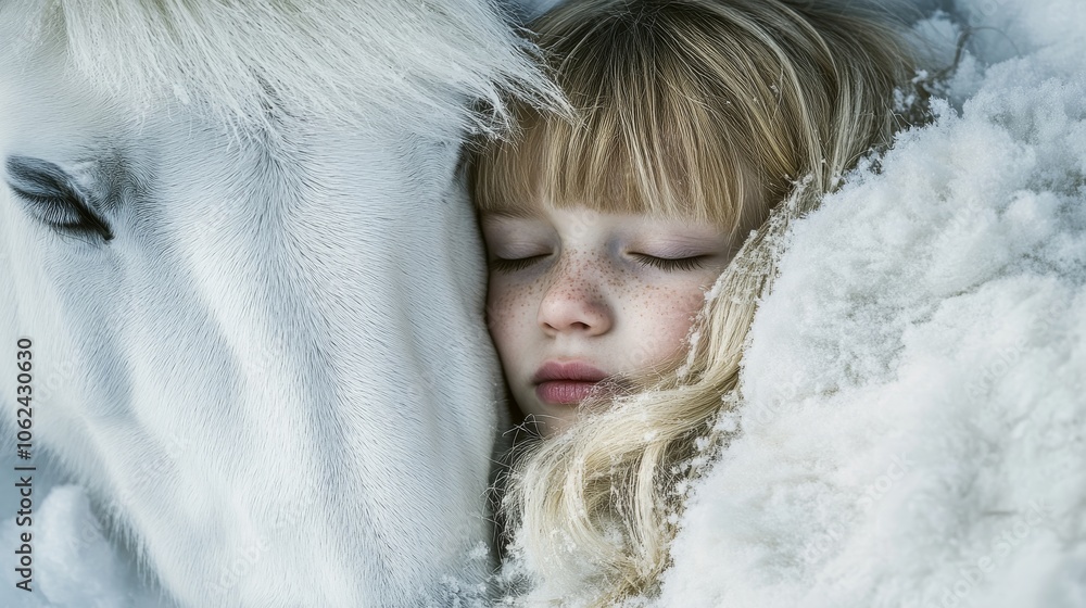 Winter Joy, Childhood Bonding, Nature Explorations, Little Horse, and a Girl in Winter Clothing Wrapped around a Pony Covered in Snowflakes. Winter Joy, Childhood Bonding, Nature Explorations, Little Horse, and a Girl in Winter Clothing Wrapped around a Pony Covered in Snowflakes.