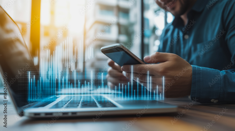 Obraz premium Business person evaluates metrics for charts and graphs with statistics to innovative analyze business potential and forecast future development of companies growth., setting goals for expansion.
