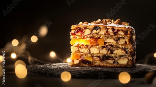 Panettone slice with rich fruit and nut filling, isolated on a dark charcoal background with small Christmas lights photo