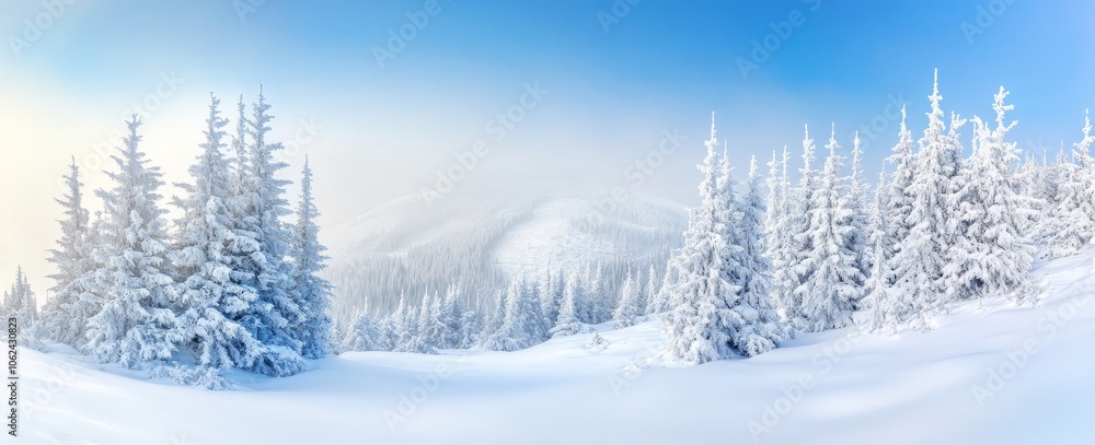 Fototapeta premium Forest of pines covered in snow in a misty winter setting