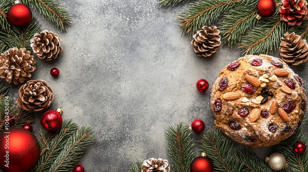 Panettone with dried cherries and almonds on a neutral gray background with red ornaments and pine sprigs Panettone with dried cherries and almonds on a neutral gray background with red ornaments and pine sprigs