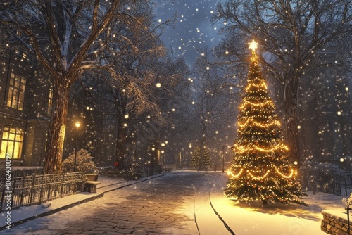 In a snowy park at night, a winter wonderland with sparkling lights can be seen