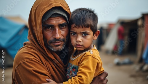 Father and son embrace in refugee camp expressing love and resilience