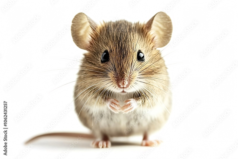 Cute wood mouse poses on a white background, looking curious and begging. Perfect for various uses with its clean composition and copy space Cute wood mouse poses on a white background, looking curious and begging. Perfect for various uses with its clean composition and copy space
