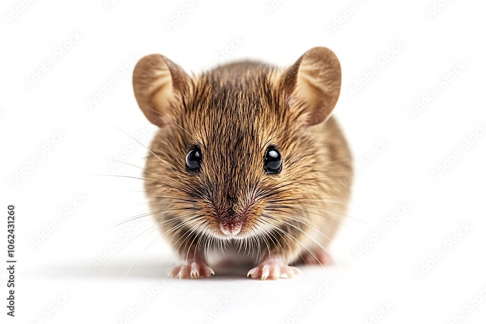 Small brown wood mouse posing on a seamless white background, looking towards the viewer, its fur, nose, whiskers and paws clearly visible Small brown wood mouse posing on a seamless white background, looking towards the viewer, its fur, nose, whiskers and paws clearly visible