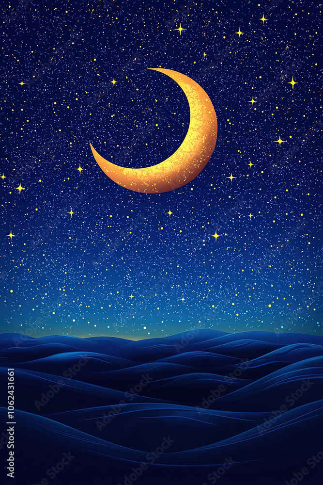 Naklejka premium Golden crescent moon shining over dark blue ocean at night