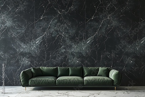 Fototapeta Naklejka Na Ścianę i Meble -  Lounge with a green olive sofa and black marble walls. An empty area perfect for showcasing art. 3D render